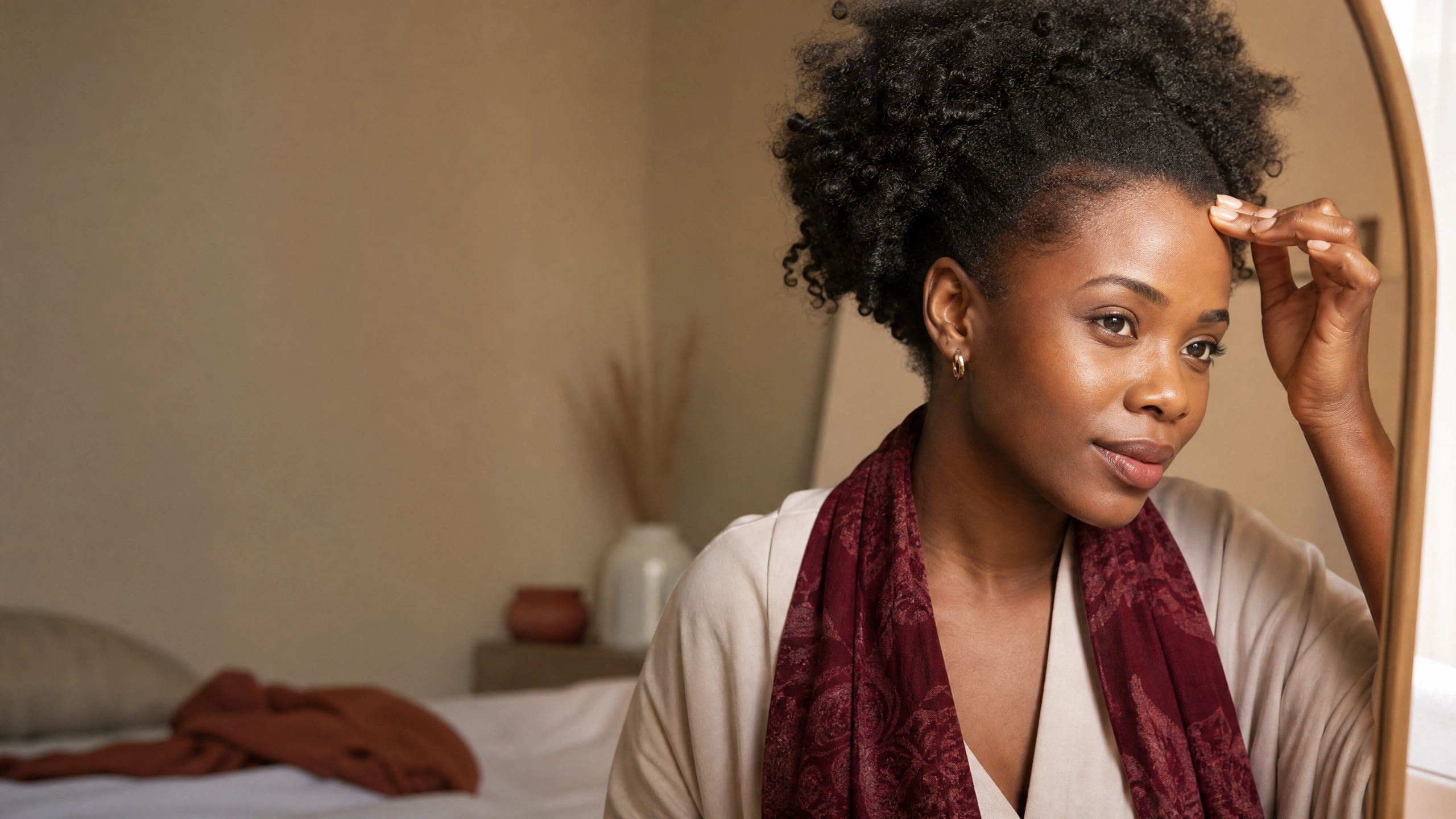 Nigerian woman thoughtfully examining her hairline in a softly lit room